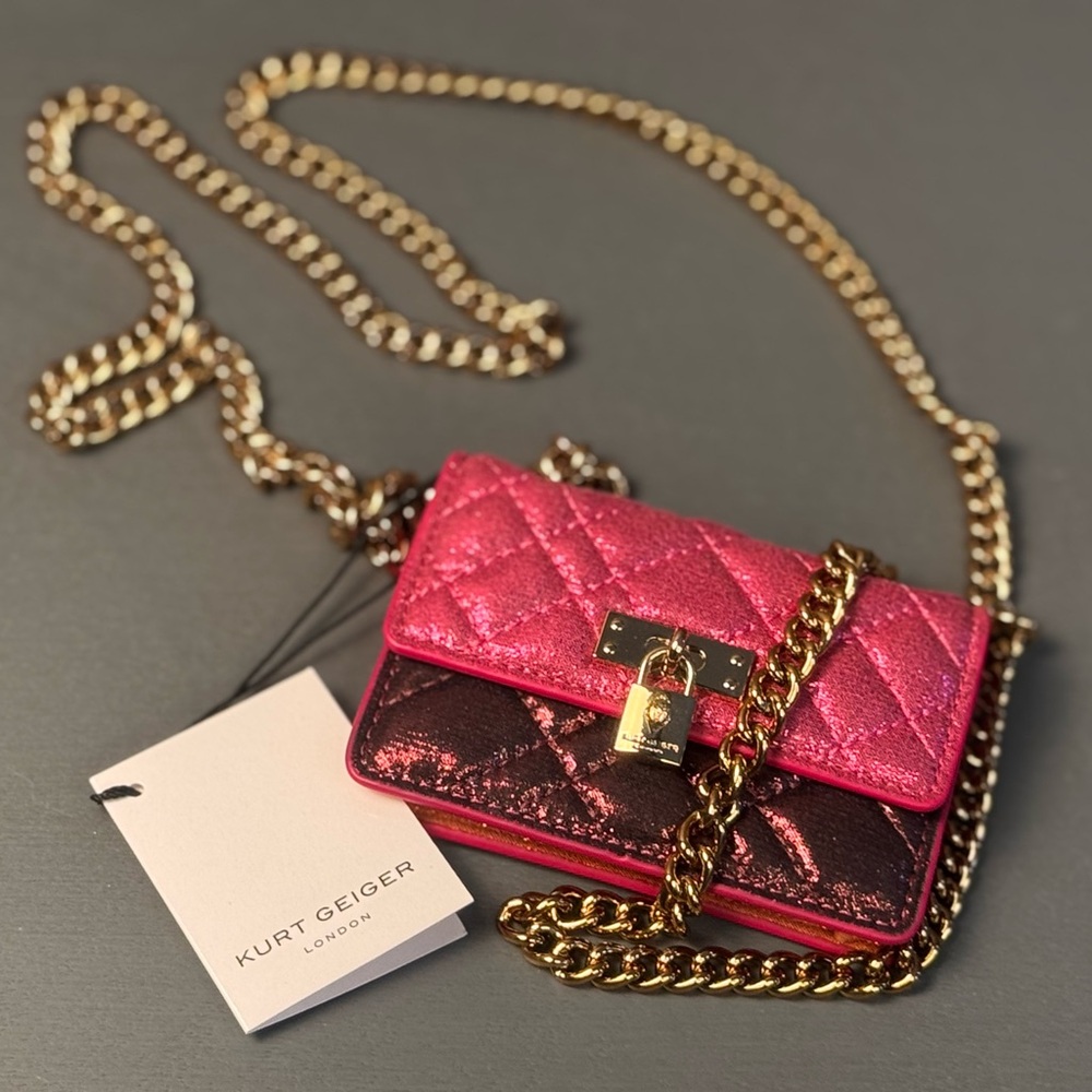 Kurt Geiger Fuscia Micro Brixton Bag with Gold Chain